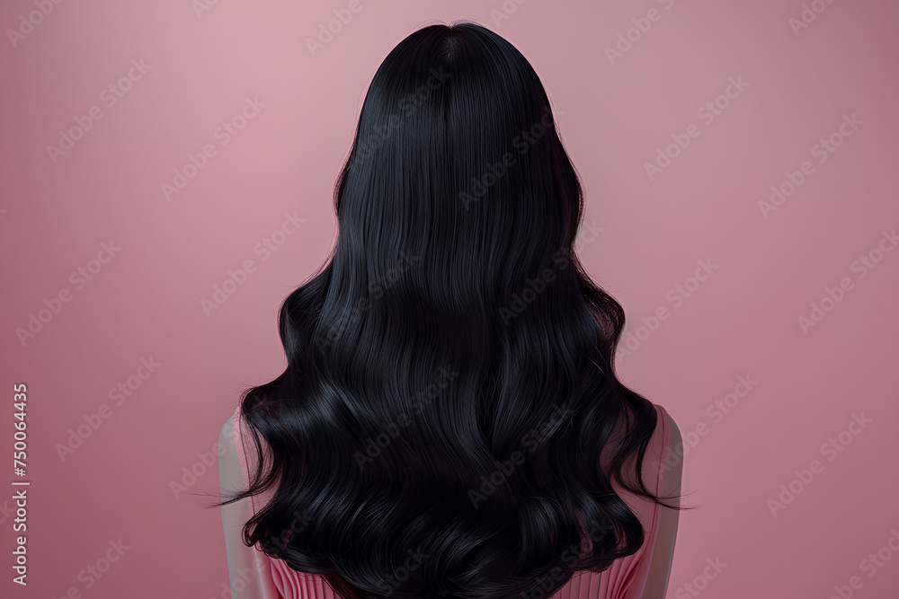high-fashion with a focus on a model's exquisite long, black hair. The hair cascades down seamlessly in a smooth, flowing manner, reflecting a rich, healthy luster that speaks of premium hair care