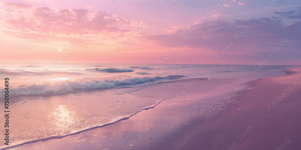 Serene pink sunset over gentle waves on a sandy beach - obrazy, fototapety, plakaty 