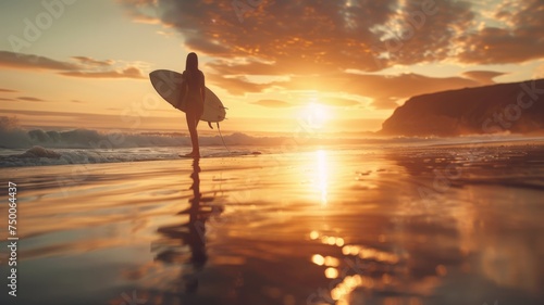 woman holding a surf board in the beach at sunrise