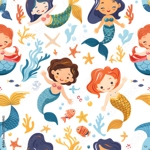 Cute mermaids cartoon seamless pattern background.