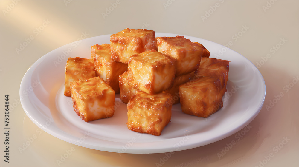 Savory marinated tofu cubes on plate Savory marinated tofu cubes on plate