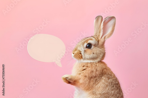 Portrait of cute bunny easter with empty speech bubble in studio background.