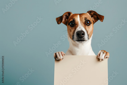 Portrait of cute dog holding up empty paper in studio background. © Pacharee