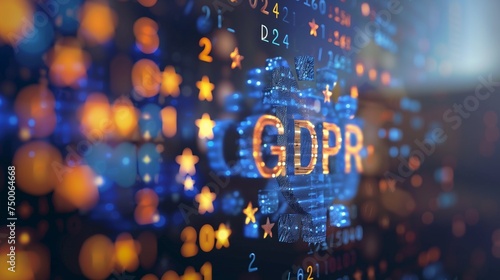 General Data Protection Regulation (GDPR) concept. Acronym GDPR prominently displayed against a blue background, complemented by yellow stars reminiscent of the European Union flag. photo