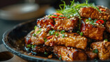 Spicy asian glazed pork belly close-up