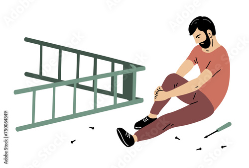 Man fell from the ladder. leg injury, bruise or fracture. Danger and carelessness at work. Vector illustration isolated on white background photo