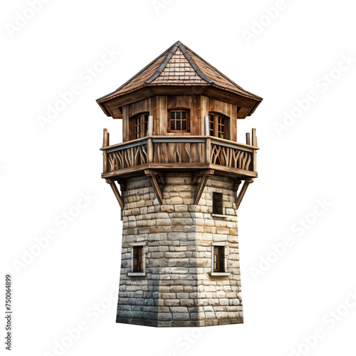 Medieval stone watchtower with wooden roof isolated on transparent background
