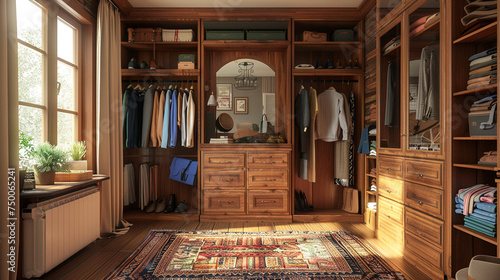 A closet with a wardrobe, a dresser, a mirror, and a shoe rack. photo