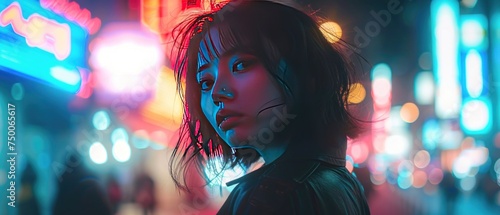 Stylish asian girl face with blur neon light background AI generated image