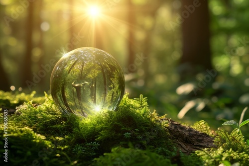 Glass crystal ball globe of planet earth lies on green grass in sunny forest  concept for eco  nature  environment  environmental protection and conservation concept