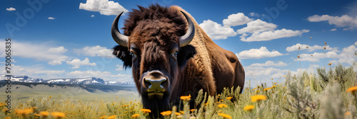 Imposing Bison in Its Natural Habitat on a Vast Prairie under a Clear Sky