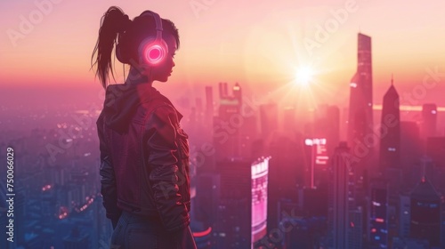 Anime girl character standing on top of downtown building using headphones AI generated image