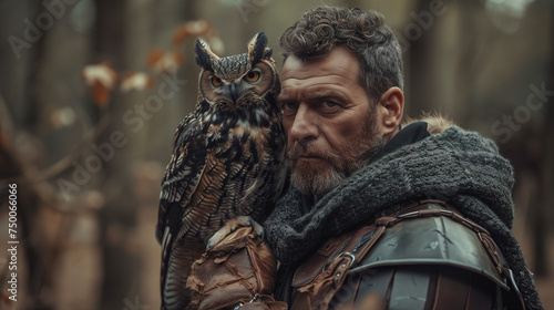 Medieval Man with Horned Owl in Wooded Forest