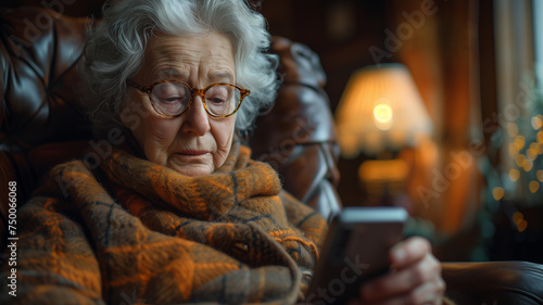 An elderly woman of European appearance sits in a chair and reads an important message on her phone.