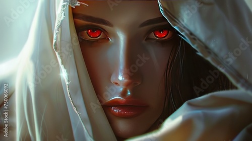 Close up character of assassin woman in white veil with red eyes AI generated image photo
