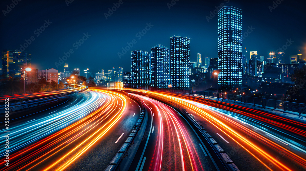 Night city transportation scene, illustrating the dynamic flow of traffic and urban life in a modern architectural setting