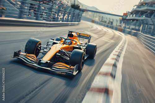 High-speed formula race car on track, motion blur conveys velocity and motorsport competition.