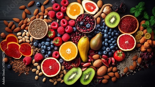 assorted candied berries, dried fruits, nuts and seeds, top view. healthy food background. Superfood