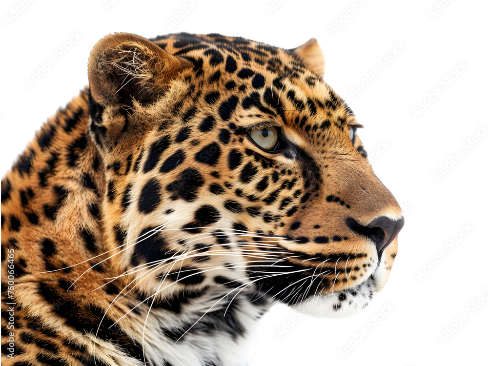 Fototapeta premium Spotted leopard standing in front and facing at the camera, isolated on white