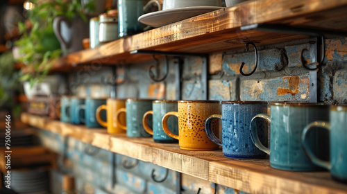 A collection of ceramic mugs hanging from hooks beneath open shelves, each one imbued with its own unique character and charm. photo