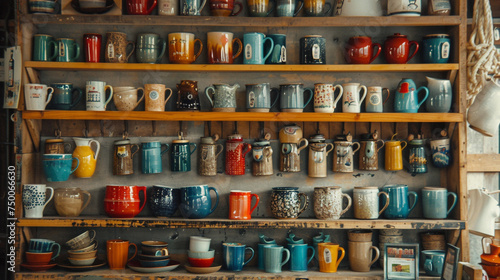 A collection of ceramic mugs hanging from hooks beneath open shelves, each one imbued with its own unique character and charm.