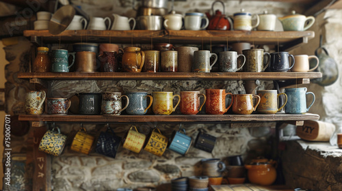 A collection of ceramic mugs hanging from hooks beneath open shelves, each one imbued with its own unique character and charm. © Dani Shah