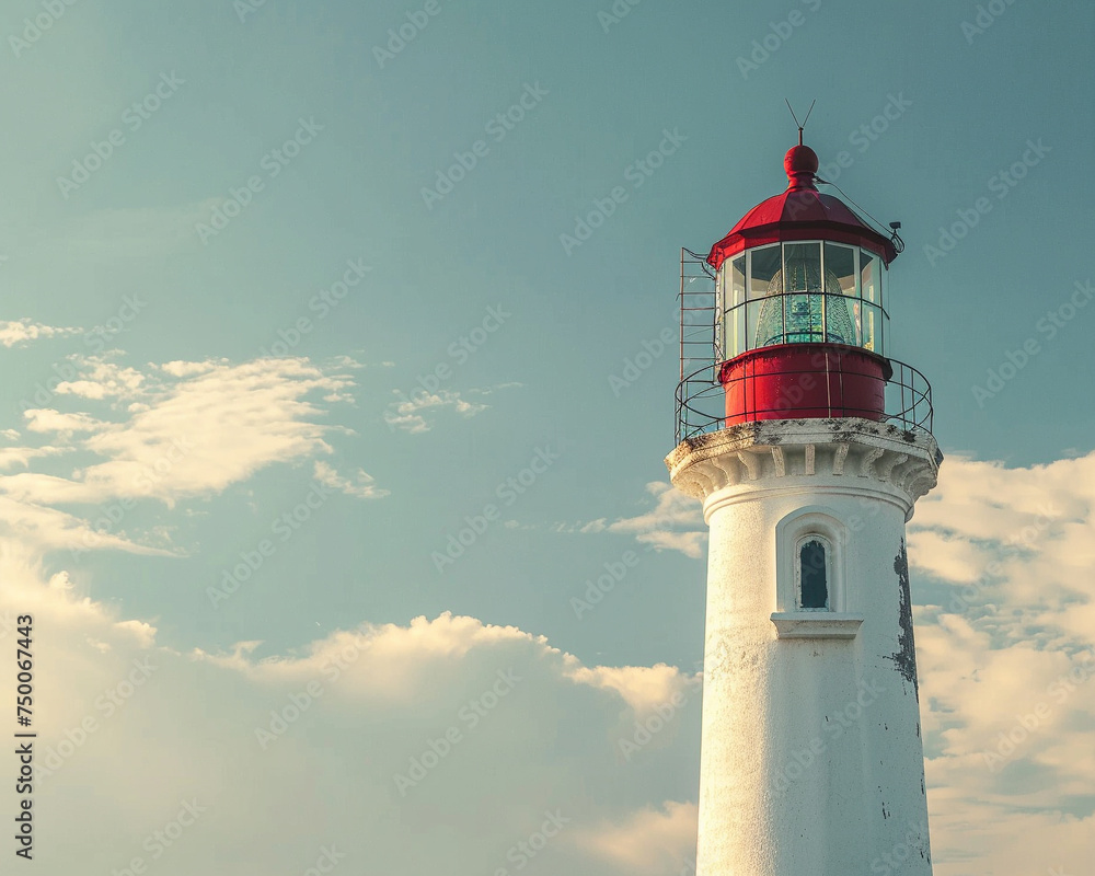 Historic Lighthouse Against Blue Sky and Wispy Clouds Historic Lighthouse Against Blue Sky and Wispy Clouds