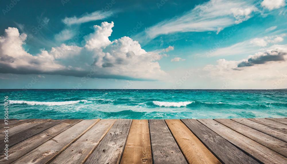 Mock up of empty wooden flooring deck in front and blue summer sky with clouds and sea or ocean. Summer vacation.