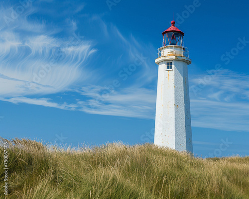 Historic Lighthouse Against Blue Sky and Wispy Clouds