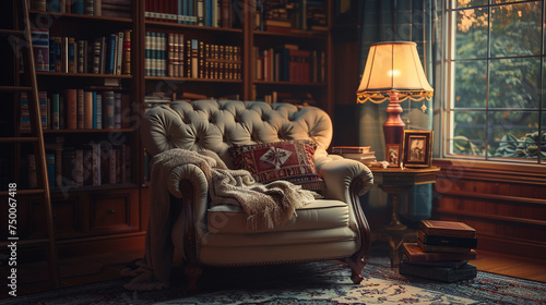 A cozy reading corner bathed in soft lamplight, complete with a plush armchair and a stack of beloved novels.
