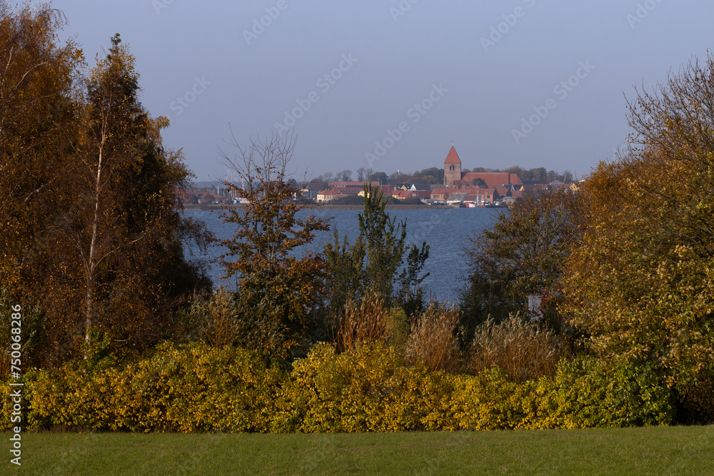 View to the medival old town of Stege with Noor in autumn