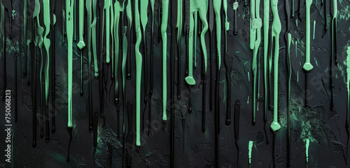 Deep midnight black and mint green paint drips creating a gravity-defying spectacle