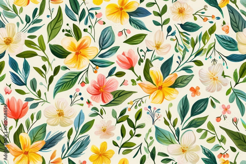 Watercolor seamless Illustration of spring flowers with various types of flowers, concept of the arrival and onset of spring. Concept for wrapped cover paper Watercolor seamless Illustration of spring flowers with various types of flowers, concept of the arrival and onset of spring. Concept for wrapped cover paper