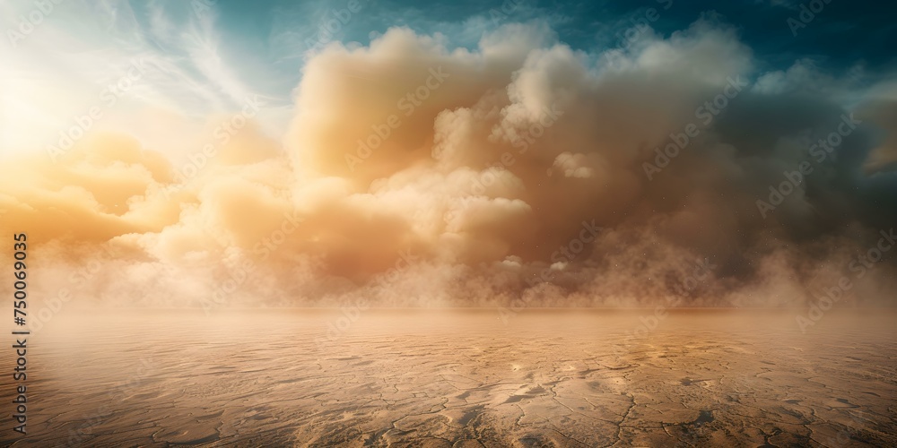 D rendering of an apocalyptic desert scene with sandstorm and dramatic clouds. Concept 3D Rendering, Apocalyptic Desert Scene, Sandstorm, Dramatic Clouds
