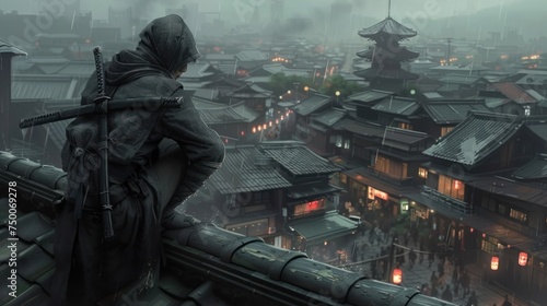 Japanese female ninja character standing on roof tiles spying on enemies below AI generated image photo