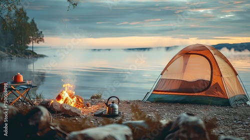Coffee pot on camping fire, tent, folding chair table. Morning mist view on the beach background of campfire