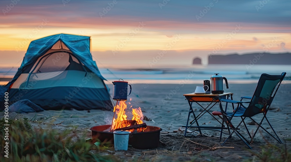 Coffee pot on camping fire, tent, folding chair table. Morning mist view on the beach background of campfire - obrazy, fototapety, plakaty 