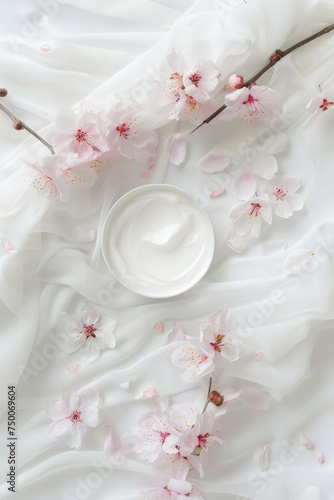 Serene Cherry Blossoms and Cream Jar on Silk Fabric