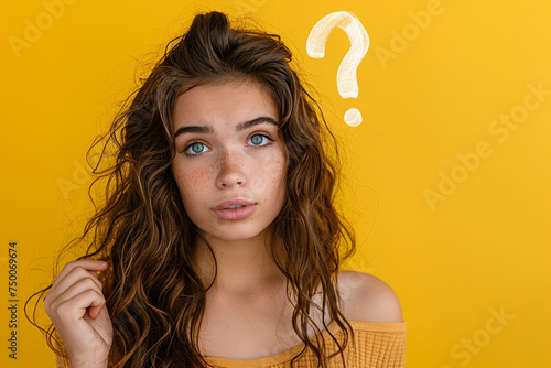 A question mark over the head of a confused young woman, standing in front of a yellow background photo