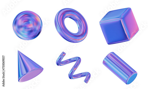 3d set holographic geometric shape: square, cylinder, sphere, torus,  cone, spiral. Metal simple figures with grid for your design. Stock vector illustration on isolated background.