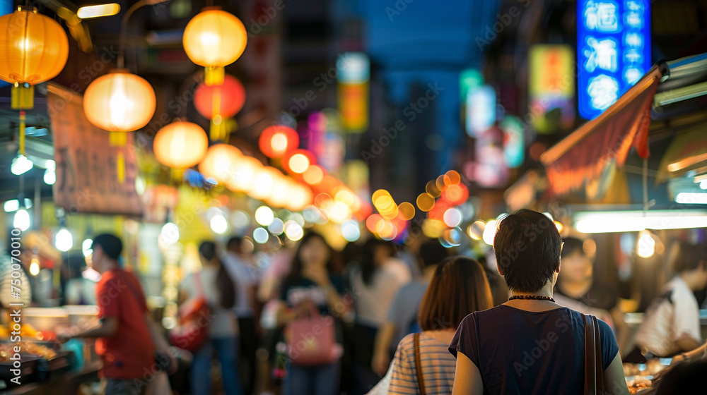 Fototapeta premium Busy night markets in Taipei, street food and lights creating a vibrant scene