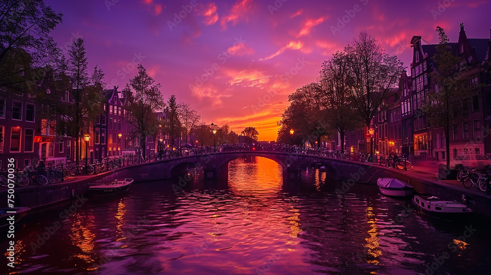 Canals of Amsterdam at twilight, bikes and bridges under a glowing sky - obrazy, fototapety, plakaty 