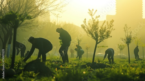 People are planting tree seedlings. The concept of Earth Day.