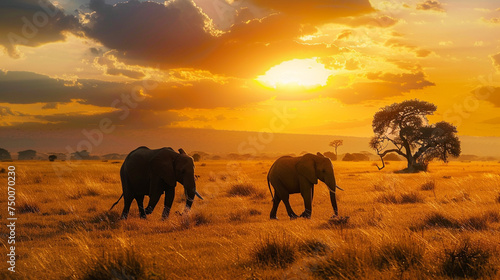 Elephants roaming freely in the Serengeti, a majestic African sunset backdrop © Khritthithat