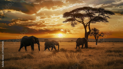 Elephants roaming freely in the Serengeti  a majestic African sunset backdrop
