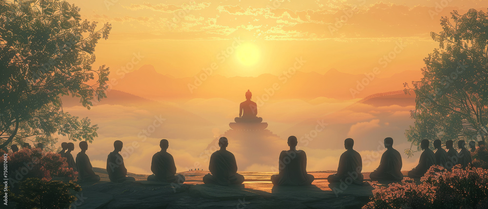 Serene Sunrise Meditation with Buddha Statue and Silhouetted Figures - obrazy, fototapety, plakaty 