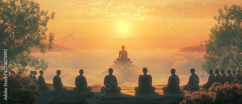 Serene Sunrise Meditation with Buddha Statue and Silhouetted Figures