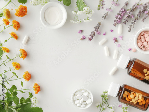 Natural Herbal Medicine and Supplements on White Background