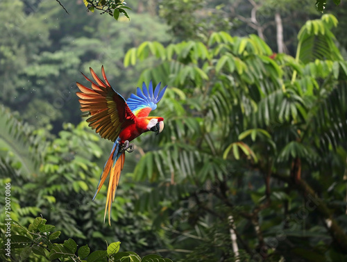Lush greenery of Amazon Rainforest, a parrot flying amidst giant trees