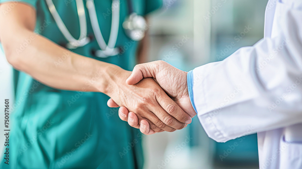 A doctor shakes hands with a nurse. The nurse is wearing a green scrubs A doctor shakes hands with a nurse. The nurse is wearing a green scrubs